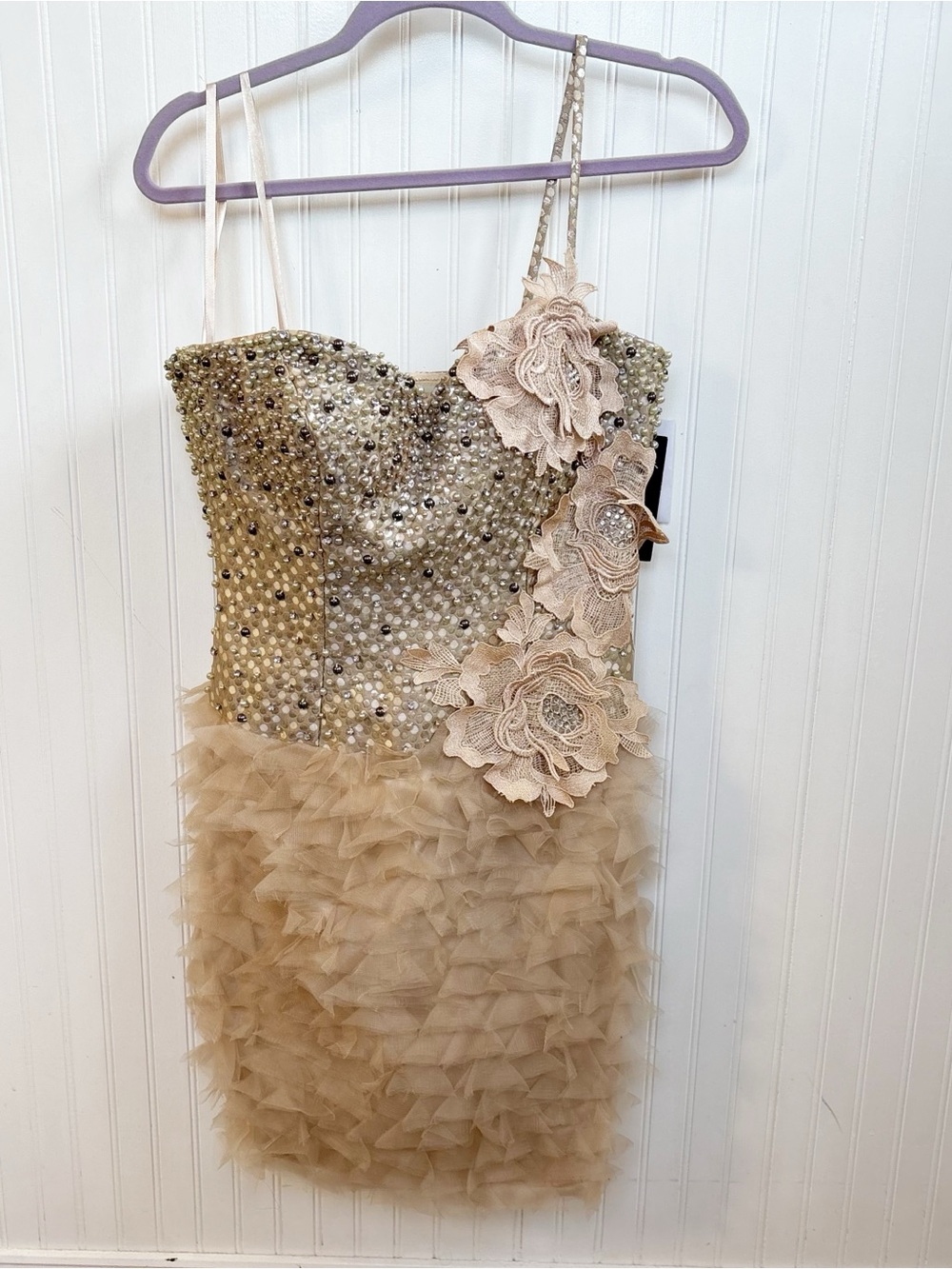 Jovani Women’s Size 4 Champagne Beaded Pearl Floral Ruffle Cocktail Dress NEW